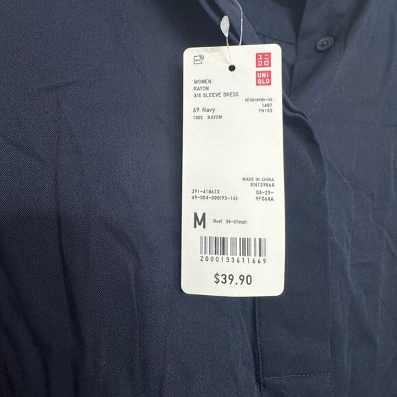 Uniqlo Navy 3/4 Sleeve Rayon Shirt Midi Dress M NWT Belted Minimalist‎ - Picture 5 of 7